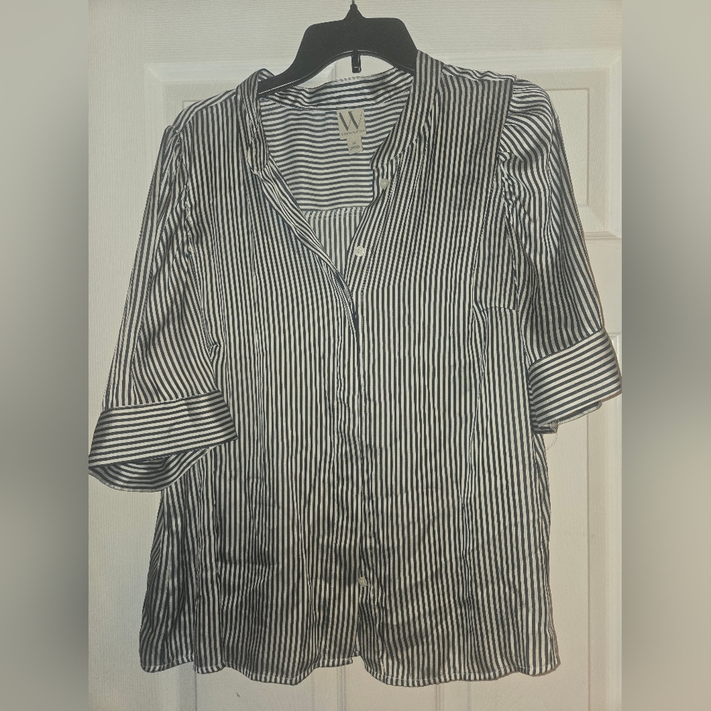 Worthington Navy And White Stripe Button Up Blouse